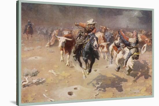 Cowboys Trying to Check a Cattle Stampede-W.r. Leigh-Stretched Canvas