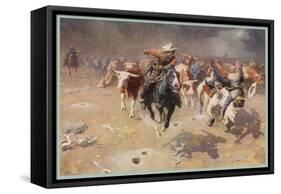 Cowboys Trying to Check a Cattle Stampede-W.r. Leigh-Framed Stretched Canvas