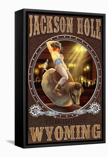 Cowgirl and Mechanical Bull - Jackson Hole, WY-Lantern Press-Framed Stretched Canvas