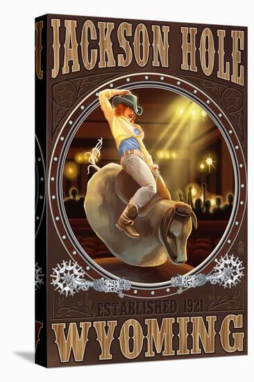 Cowgirl and Mechanical Bull - Jackson Hole, WY-Lantern Press-Stretched Canvas