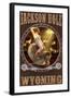 Cowgirl and Mechanical Bull - Jackson Hole, WY-Lantern Press-Framed Art Print