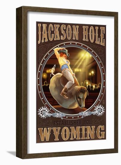 Cowgirl and Mechanical Bull - Jackson Hole, WY-Lantern Press-Framed Art Print
