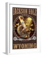 Cowgirl and Mechanical Bull - Jackson Hole, WY-Lantern Press-Framed Art Print