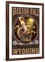 Cowgirl and Mechanical Bull - Jackson Hole, WY-Lantern Press-Framed Art Print