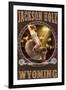 Cowgirl and Mechanical Bull - Jackson Hole, WY-Lantern Press-Framed Art Print