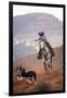 Cowgirl at Full Gallop with Cowdogs Leading Way-Terry Eggers-Framed Photographic Print