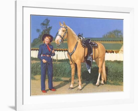 Cowgirl in Blue with Palomino-null-Framed Art Print