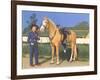 Cowgirl in Blue with Palomino-null-Framed Art Print