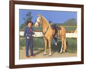 Cowgirl in Blue with Palomino-null-Framed Art Print