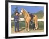 Cowgirl in Blue with Palomino-null-Framed Art Print