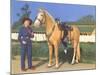 Cowgirl in Blue with Palomino-null-Mounted Art Print