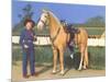 Cowgirl in Blue with Palomino-null-Mounted Premium Giclee Print
