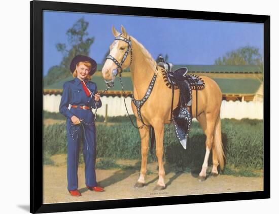 Cowgirl in Blue with Palomino-null-Framed Premium Giclee Print