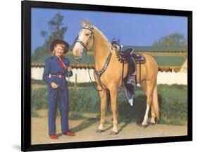 Cowgirl in Blue with Palomino-null-Framed Premium Giclee Print