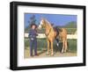 Cowgirl in Blue with Palomino-null-Framed Premium Giclee Print