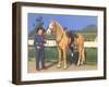 Cowgirl in Blue with Palomino-null-Framed Art Print