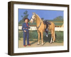 Cowgirl in Blue with Palomino-null-Framed Art Print