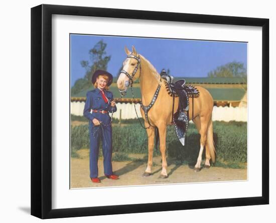 Cowgirl in Blue with Palomino-null-Framed Art Print