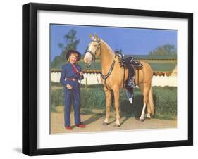 Cowgirl in Blue with Palomino-null-Framed Art Print