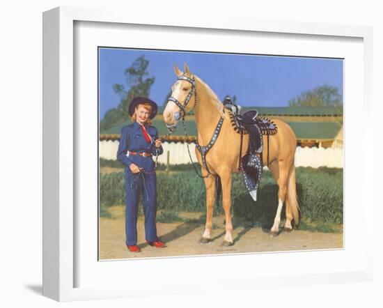 Cowgirl in Blue with Palomino-null-Framed Art Print