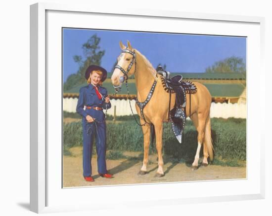 Cowgirl in Blue with Palomino-null-Framed Art Print