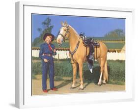 Cowgirl in Blue with Palomino-null-Framed Art Print