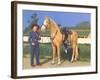 Cowgirl in Blue with Palomino-null-Framed Art Print