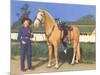 Cowgirl in Blue with Palomino-null-Mounted Art Print