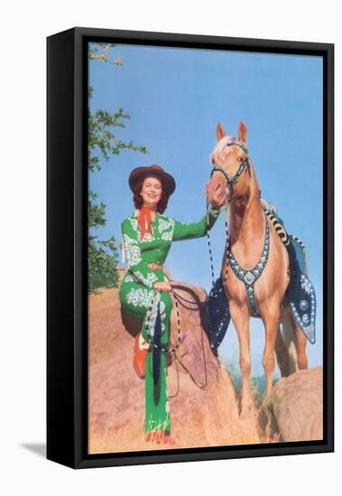 Cowgirl in Green Outfit with Palomino-null-Framed Stretched Canvas