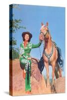 Cowgirl in Green Outfit with Palomino-null-Stretched Canvas