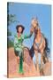 Cowgirl in Green Outfit with Palomino-null-Stretched Canvas