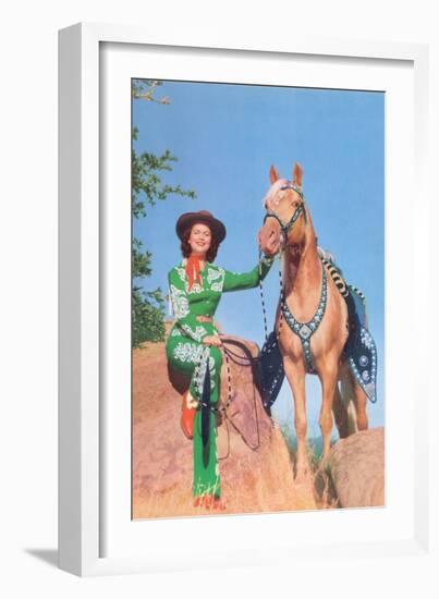 Cowgirl in Green Outfit with Palomino-null-Framed Art Print