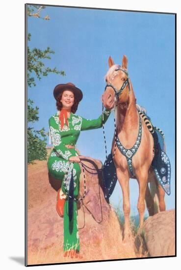 Cowgirl in Green Outfit with Palomino-null-Mounted Art Print