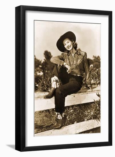 Cowgirl on Fence-null-Framed Art Print