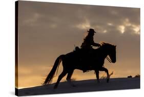 Cowgirl riding her horse in winter, Hideout Ranch, Shell, Wyoming.-Darrell Gulin-Stretched Canvas