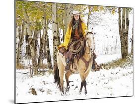 Cowgirl Riding in Autumn Aspens with a Fresh Snowfall-Terry Eggers-Mounted Photographic Print