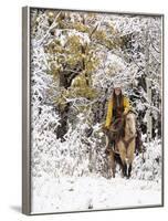 Cowgirl Riding in Autumn Aspens with a Fresh Snowfall-Terry Eggers-Framed Photographic Print