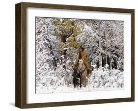 Cowgirl Riding in Autumn Aspens with a Fresh Snowfall-Terry Eggers-Framed Photographic Print