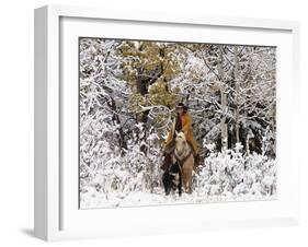 Cowgirl Riding in Autumn Aspens with a Fresh Snowfall-Terry Eggers-Framed Photographic Print