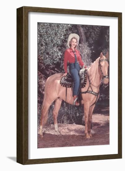 Cowgirl Riding Palomino-null-Framed Art Print