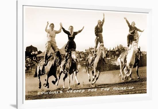 Cowgirls Standing on Horses-null-Framed Art Print