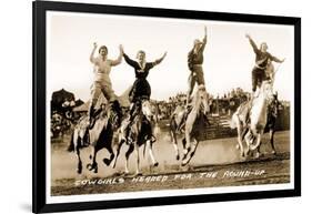 Cowgirls Standing on Horses-null-Framed Art Print