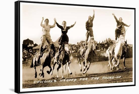 Cowgirls Standing on Horses-null-Framed Stretched Canvas