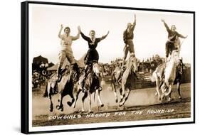 Cowgirls Standing on Horses-null-Framed Stretched Canvas