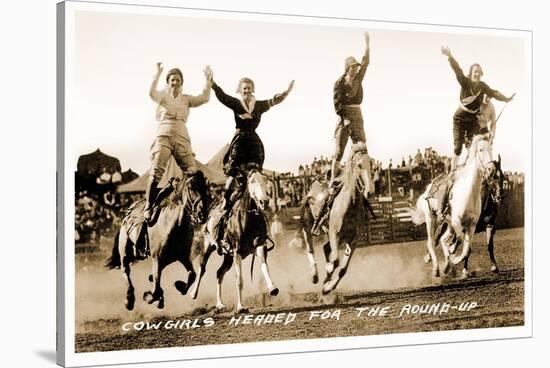 Cowgirls Standing on Horses-null-Stretched Canvas
