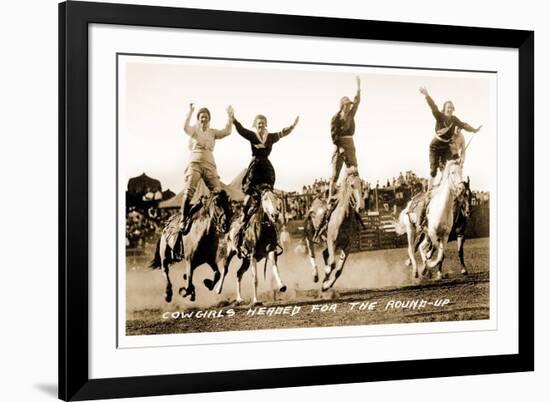 Cowgirls Standing on Horses-null-Framed Premium Giclee Print