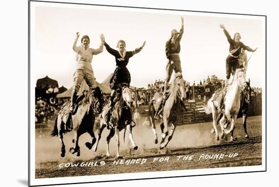 Cowgirls Standing on Horses-null-Mounted Premium Giclee Print