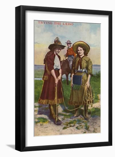 Cowgirls Trying the Lasso-null-Framed Art Print