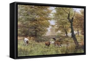 Cows By Bridge-Bill Makinson-Framed Stretched Canvas