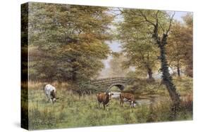 Cows By Bridge-Bill Makinson-Stretched Canvas